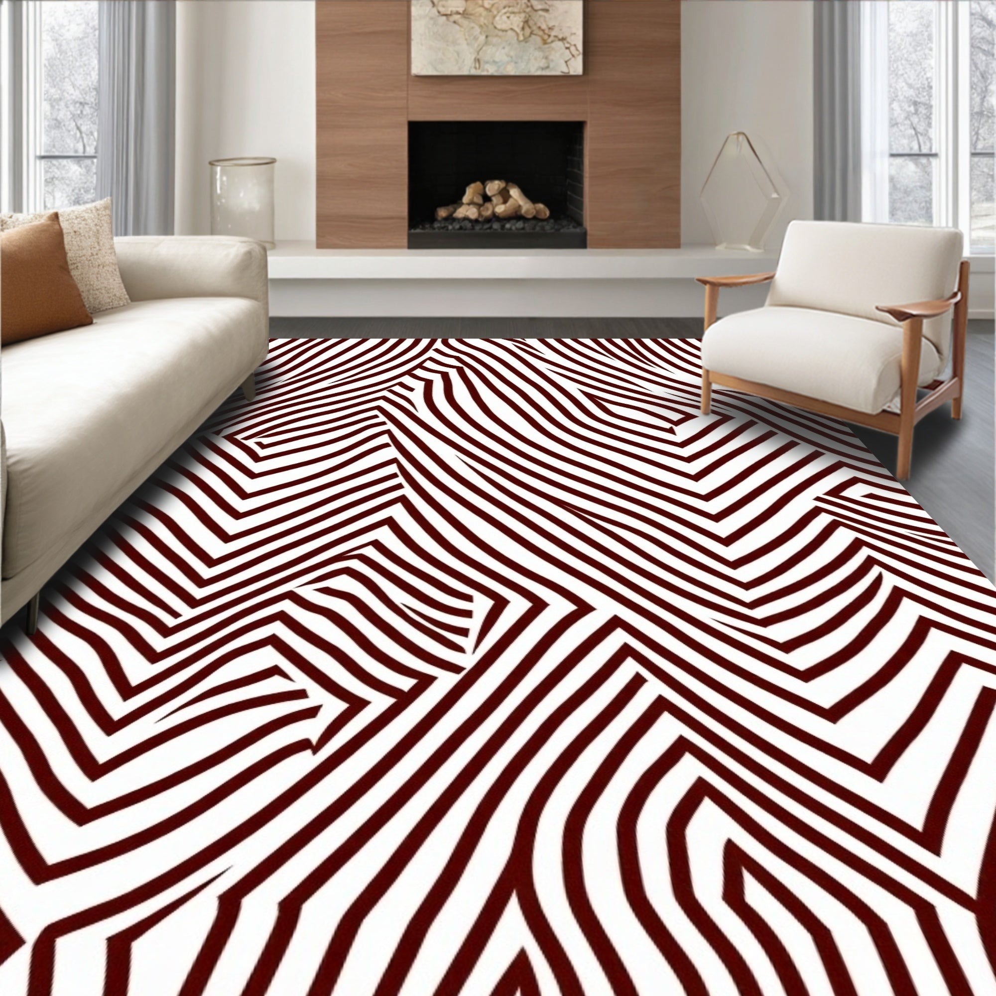 Deep Crimson Wavy Geometric Abstraction Rug
