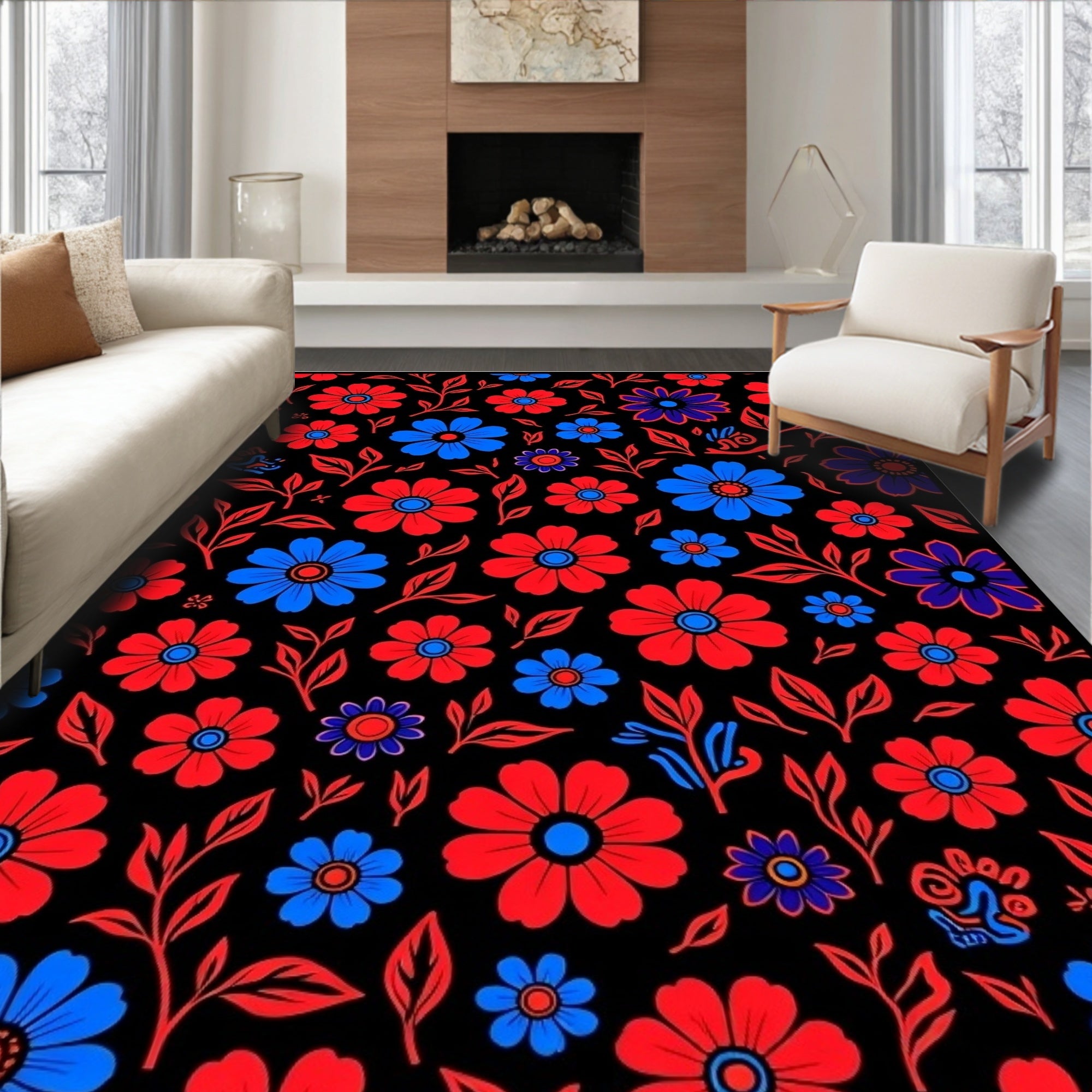 Retro Red Blue Floral Field Rug
