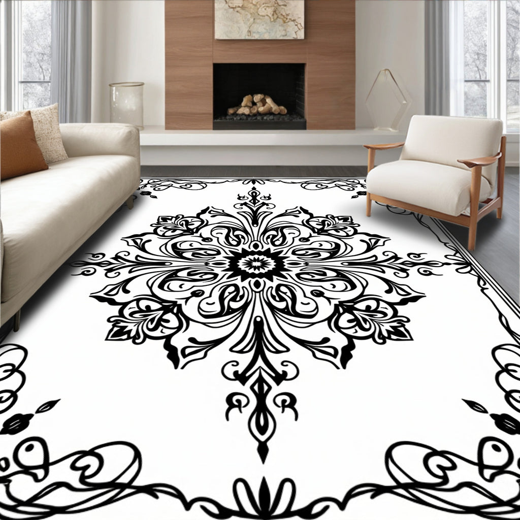 Vintage Black Scrollwork Medallion Rug
