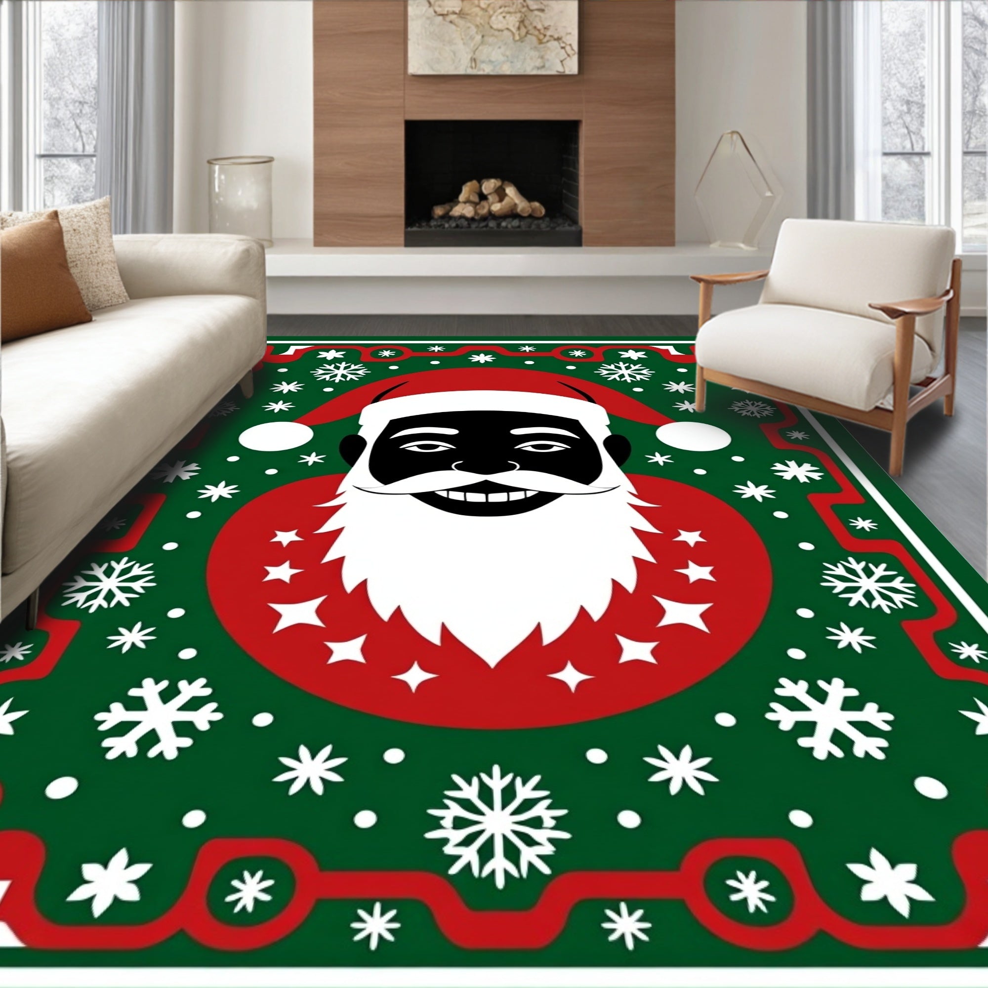 Festive Black Santa Snowflake Border Rug