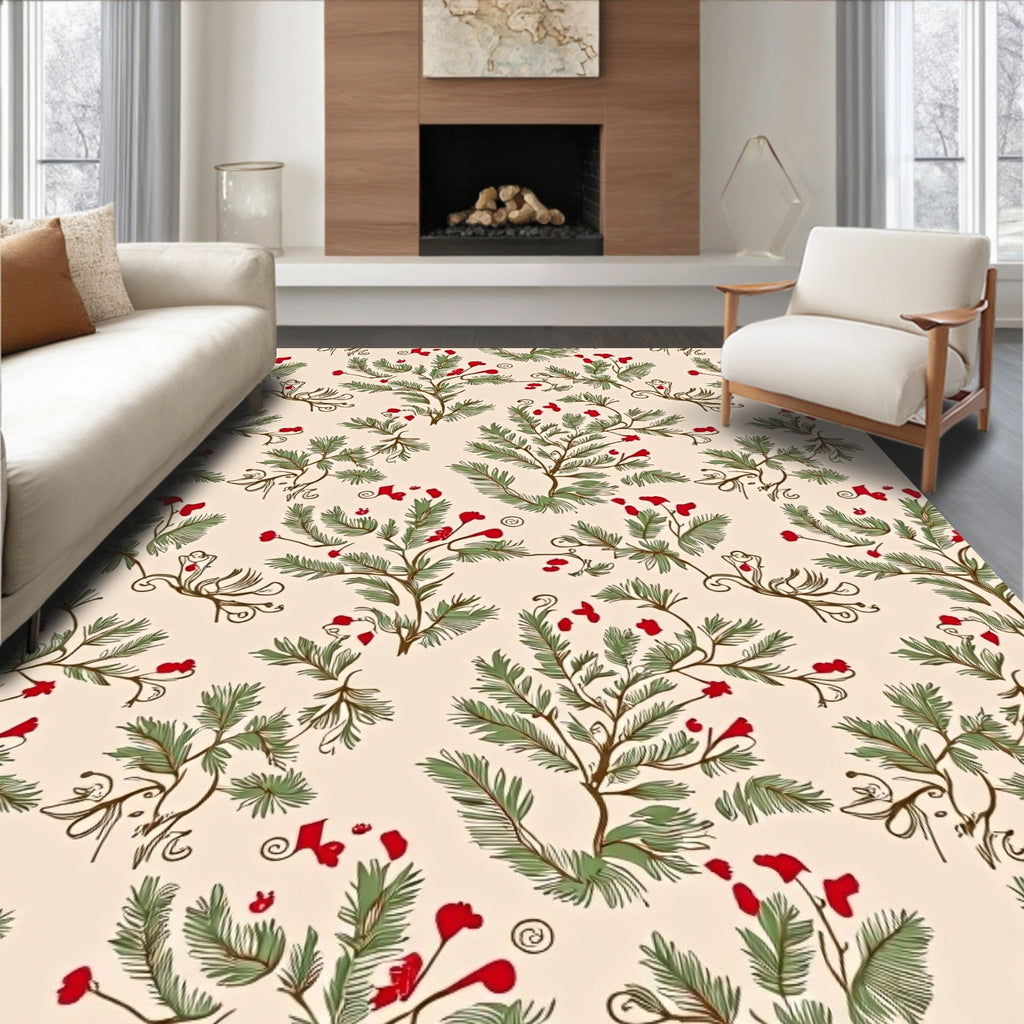 Rustic Red Berry Evergreen Branches Rug