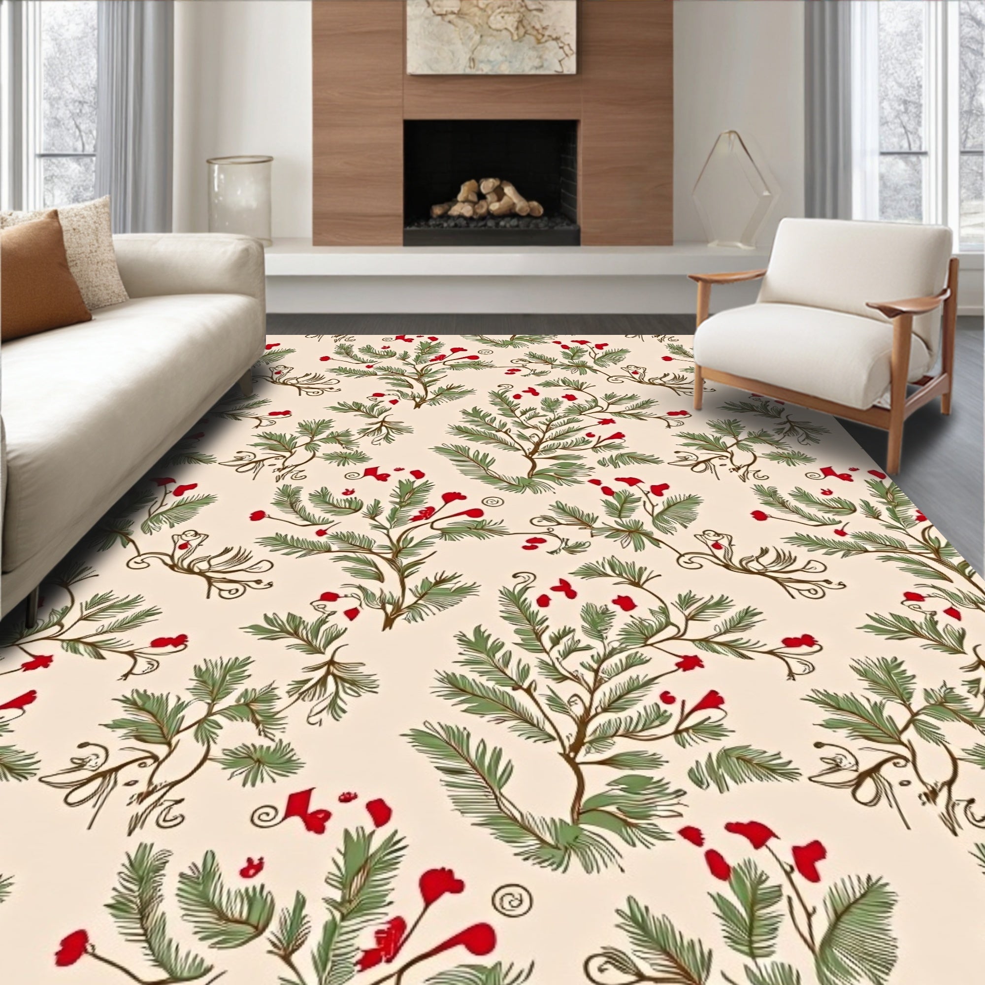 Rustic Red Berry Evergreen Branches Rug