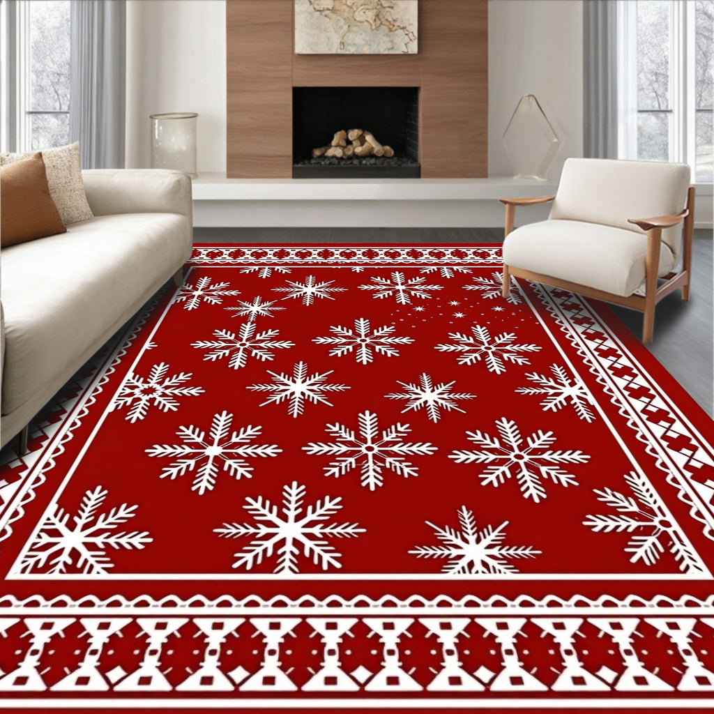 Red White Snowflake Winter Border Rug