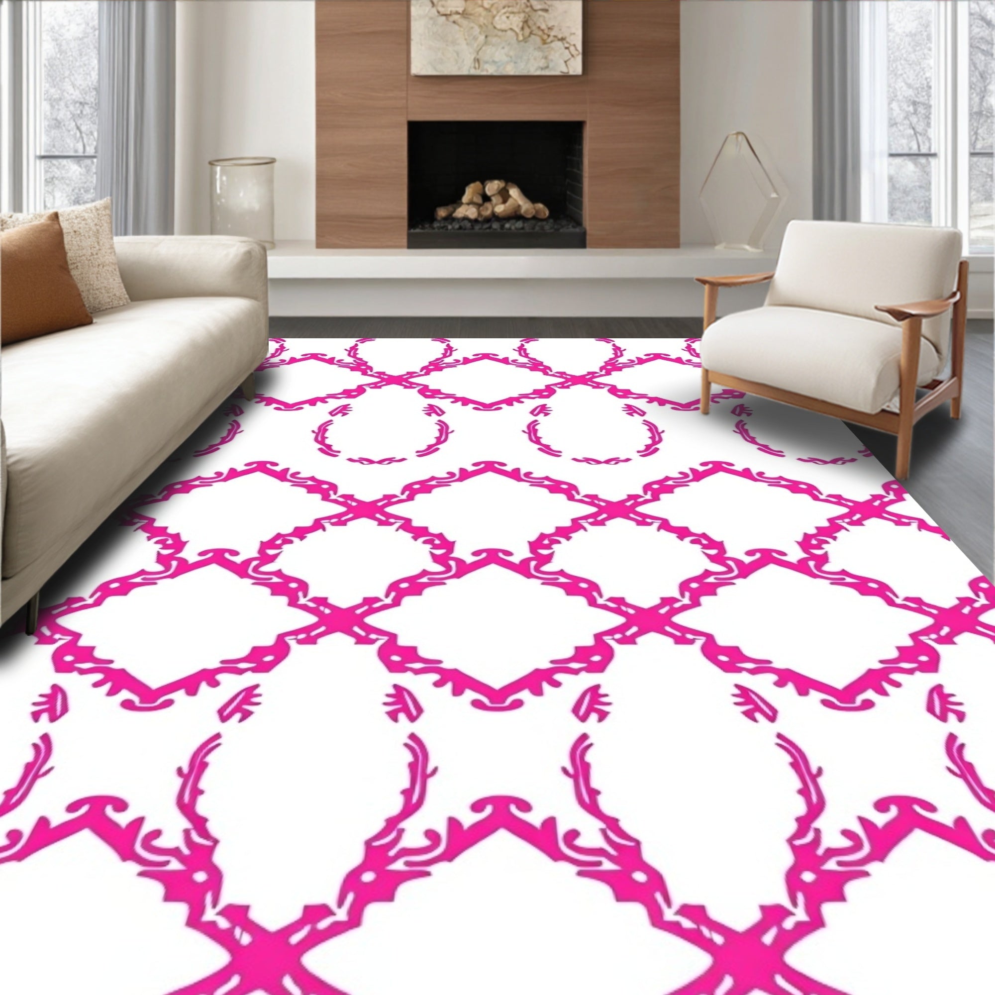 Hot Pink Ornate Lattice Oval Rug