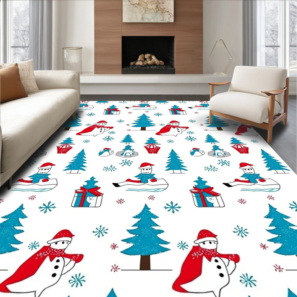 Blue White Red Christmas Snowman Tree Rug