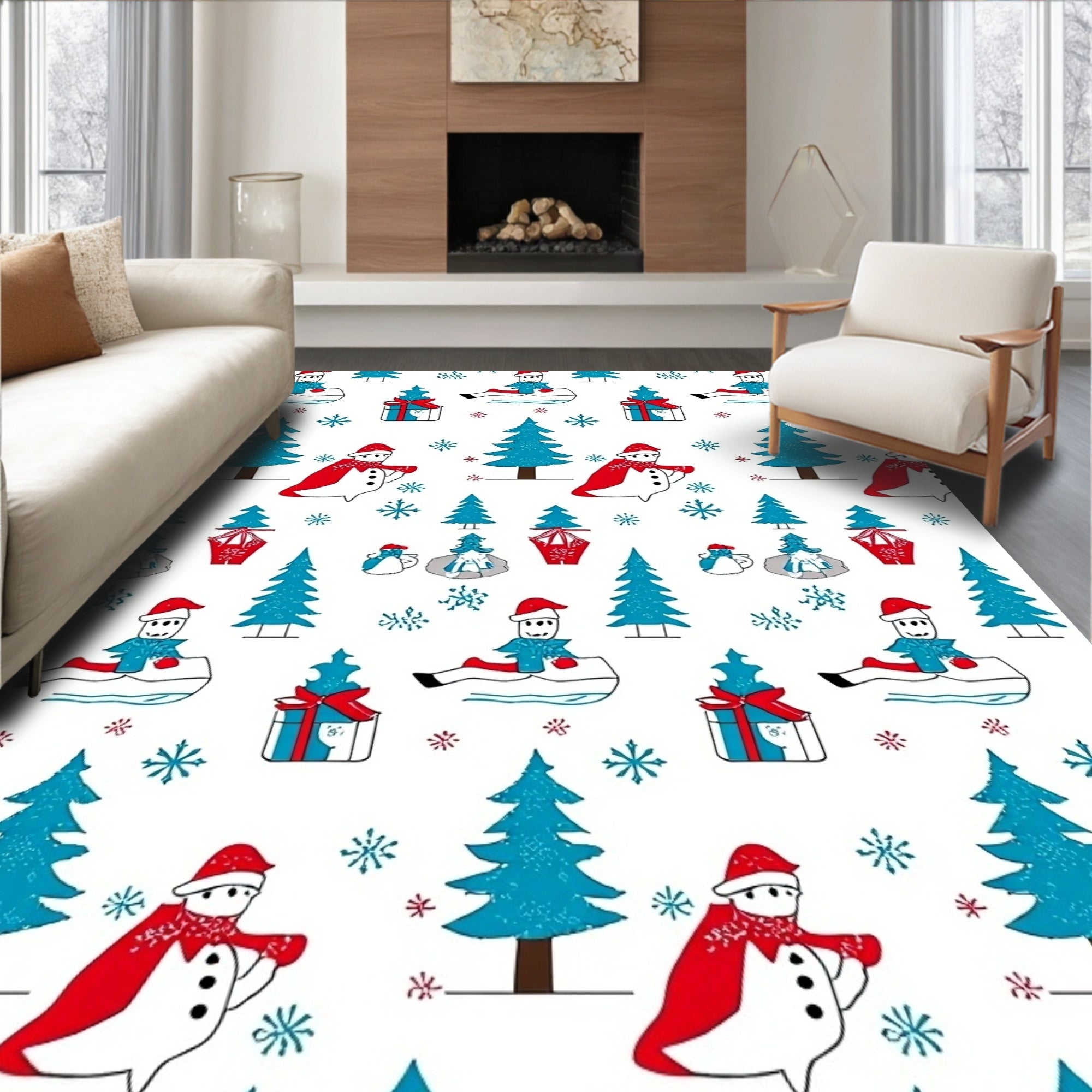 Blue White Red Christmas Snowman Tree Rug