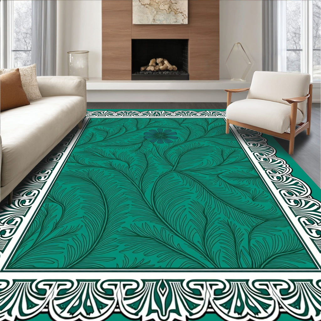 Teal Green Feathered Botanical Border Rug