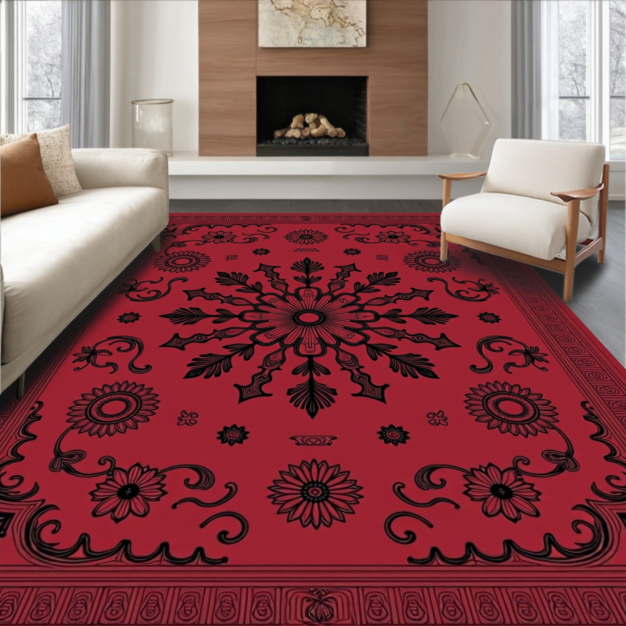 Rich Crimson Black Floral Medallion Swirl Rug
