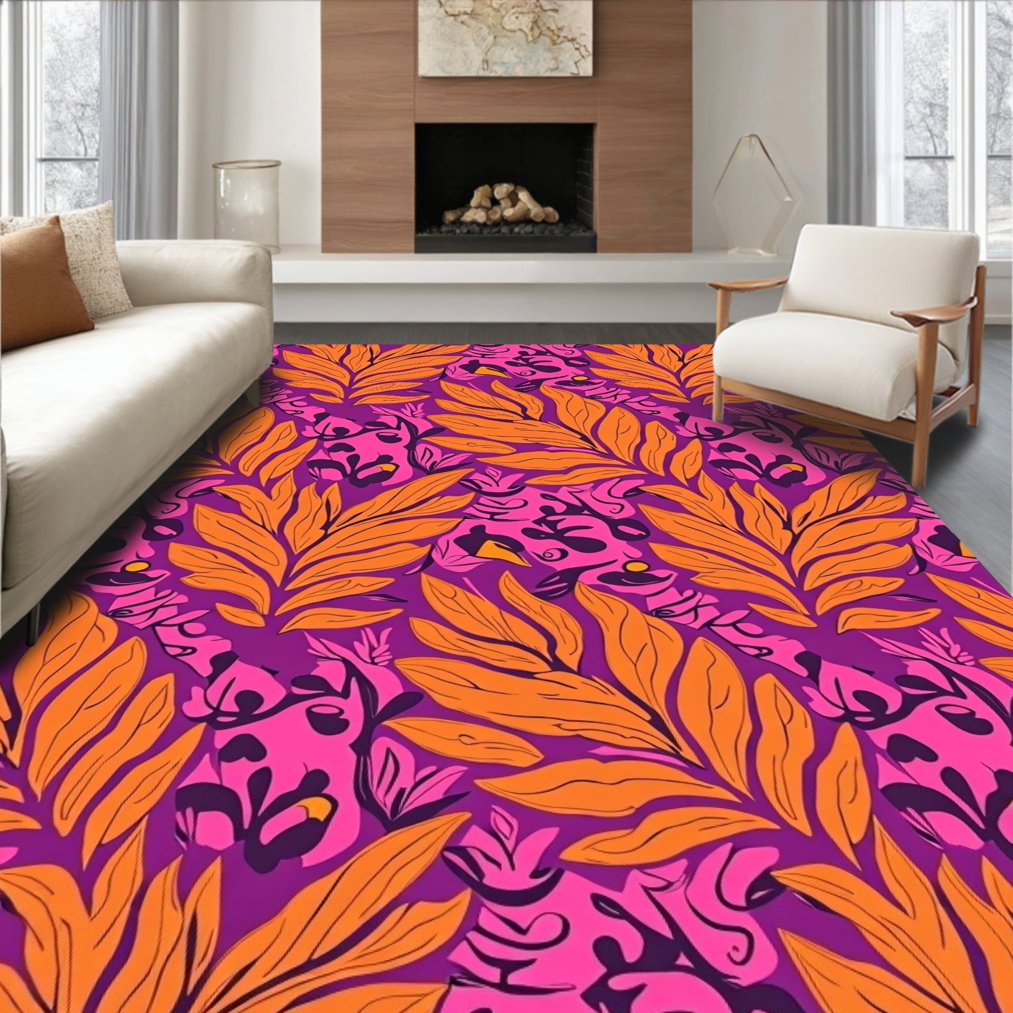 Vibrant Orange Leaf Jungle Tropical Rug