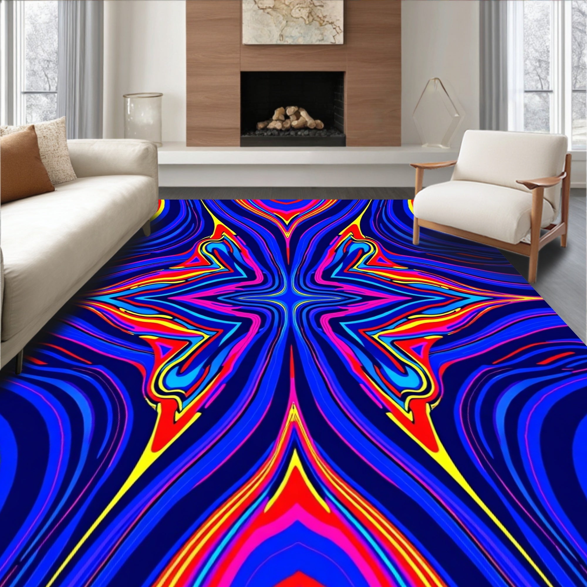 Vibrant Blue Magenta Yellow Starburst Rug
