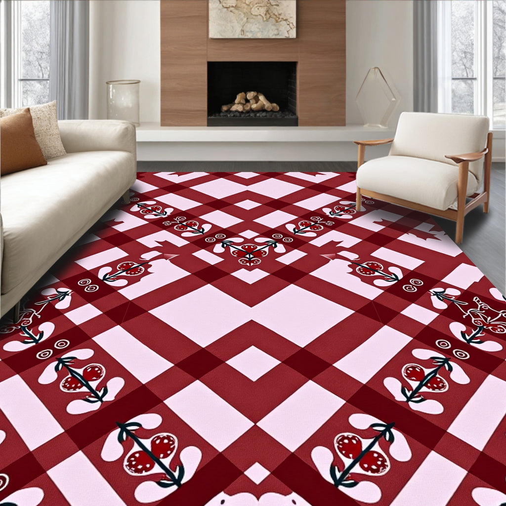 Crimson Red Gingham Floral Accents Rug