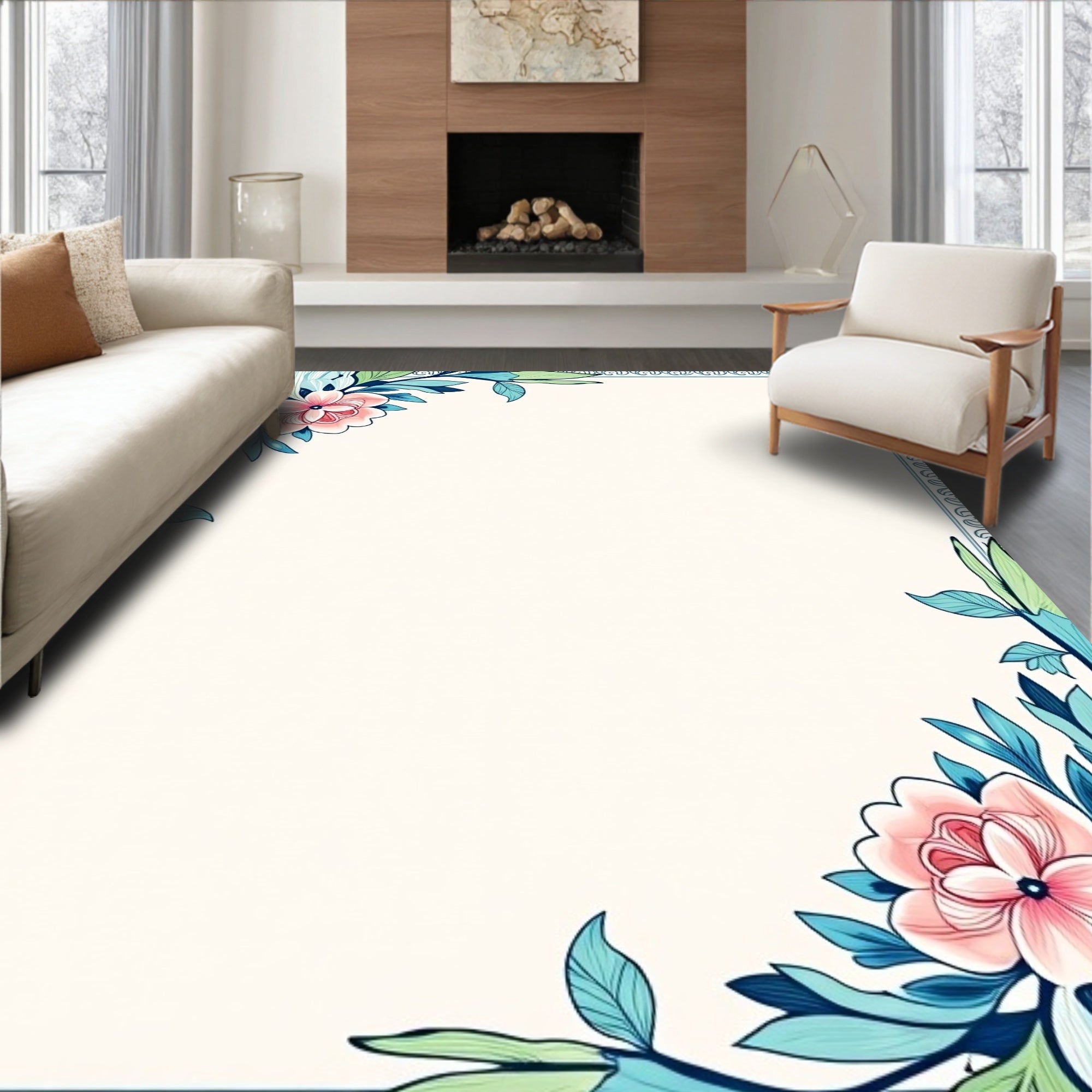 Charming Pink Floral Leafy Border Rug