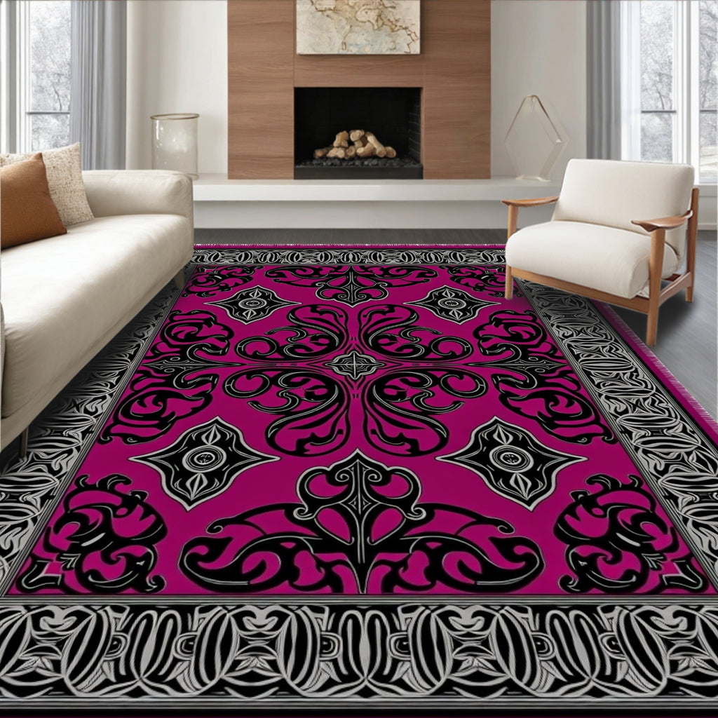 Rich Magenta Black Silver Medallion Rug