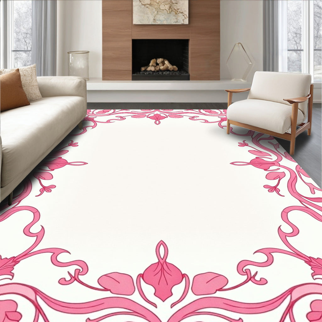 Ornate Pink Floral Scroll Frame Rug