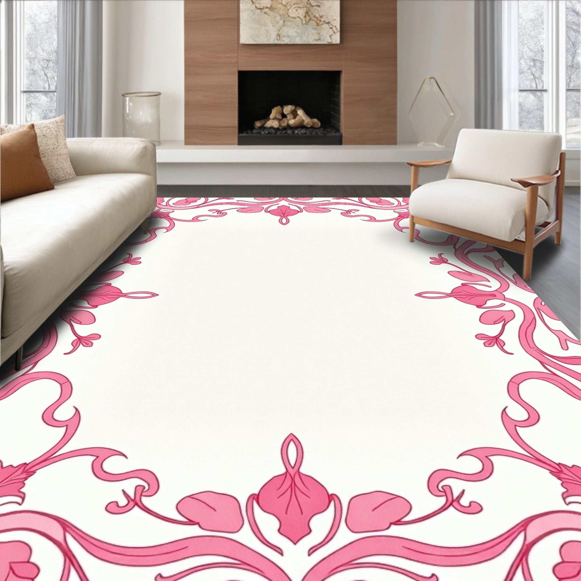 Ornate Pink Floral Scroll Frame Rug