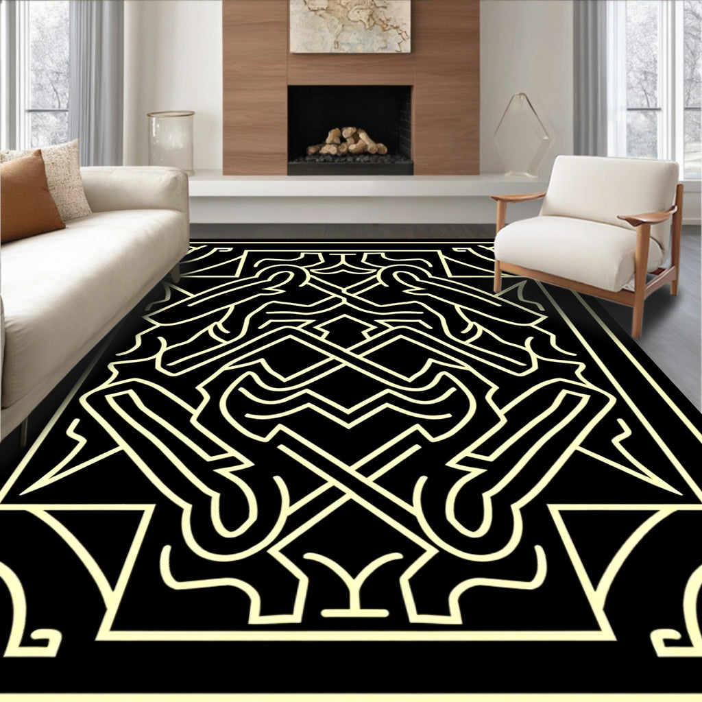 Black Yellow Abstract Labyrinth Rug