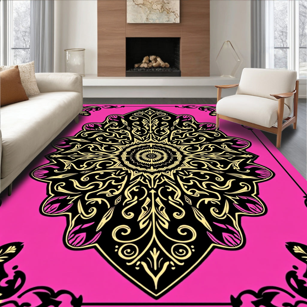 Vibrant Pink Black Gold Medallion Rug