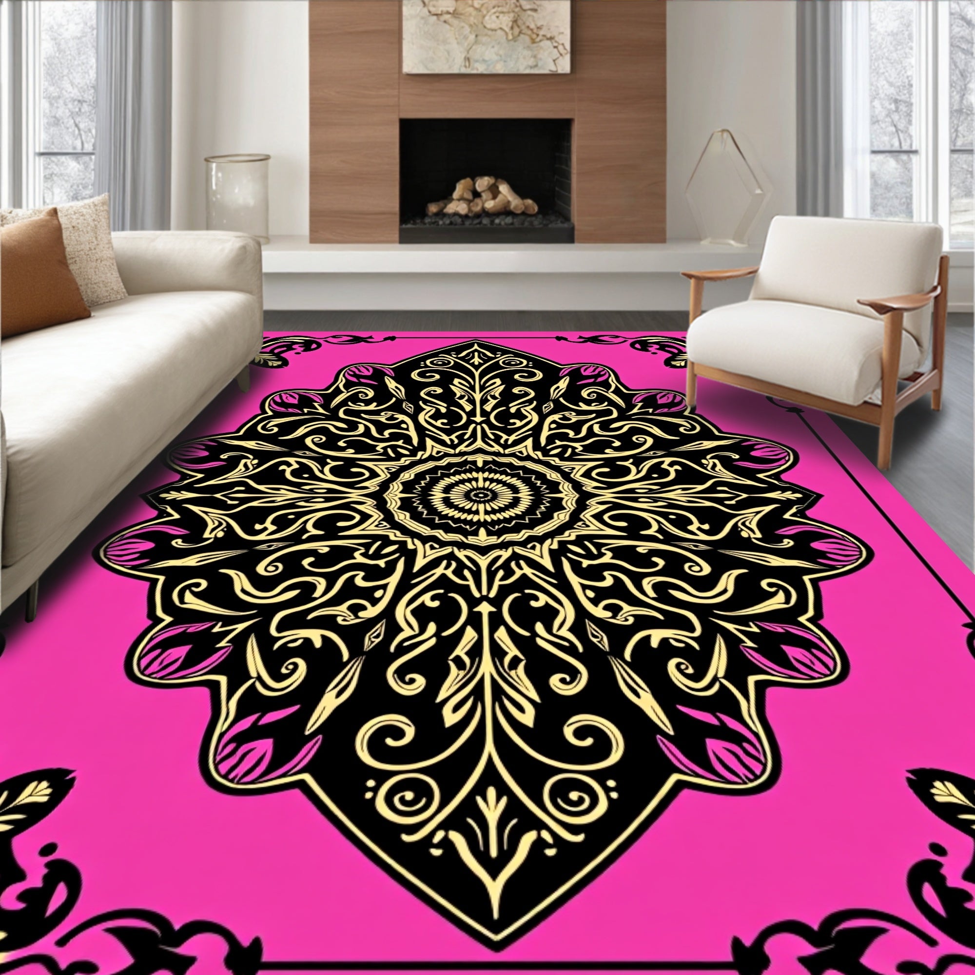 Vibrant Pink Black Gold Medallion Rug