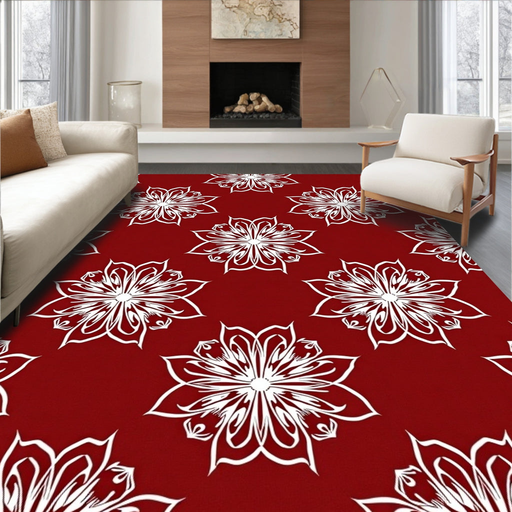 Crimson White Floral Bloom Medallion Rug