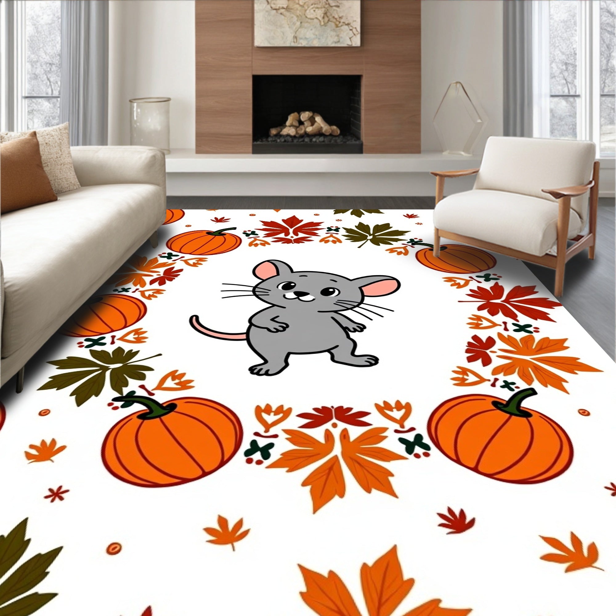 Cute Mouse Pumpkin Leaf Garland Rug
