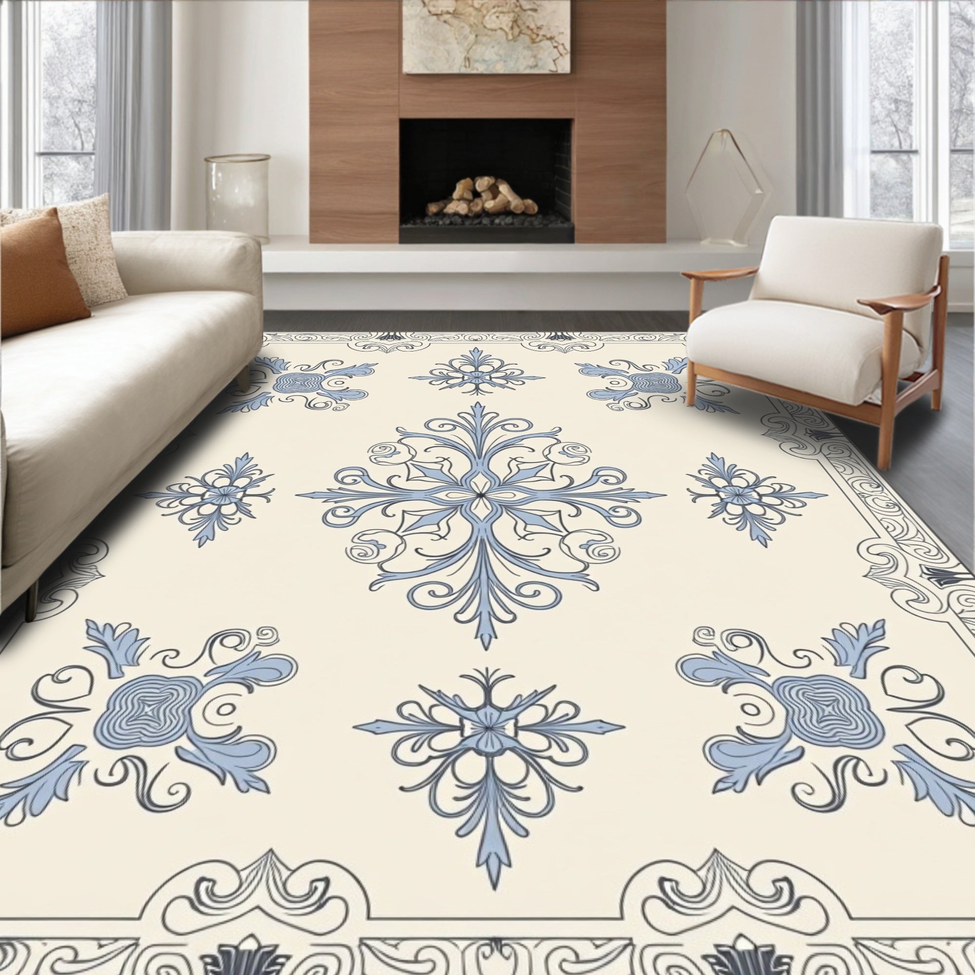 Pale Blue Floral Medallion Symmetry Rug