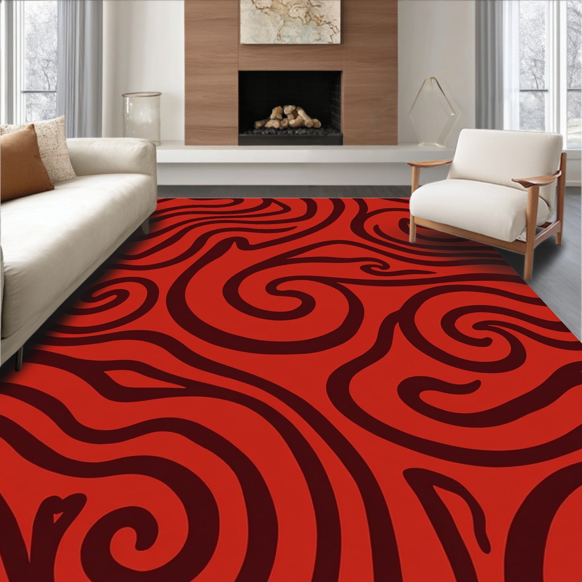 Crimson Swirl Abstract Contemporary Rug