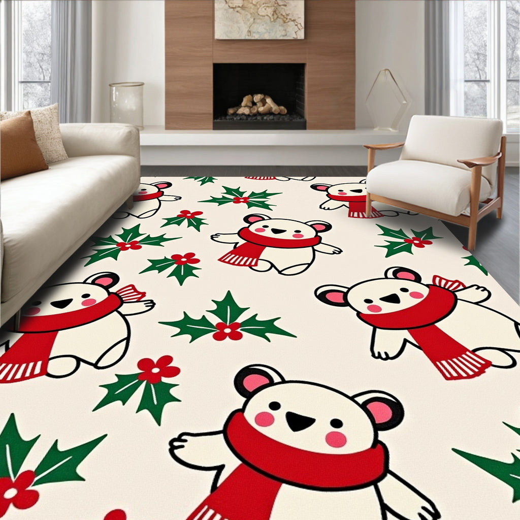 Festive Polar Bears Holly Red Scarf Rug