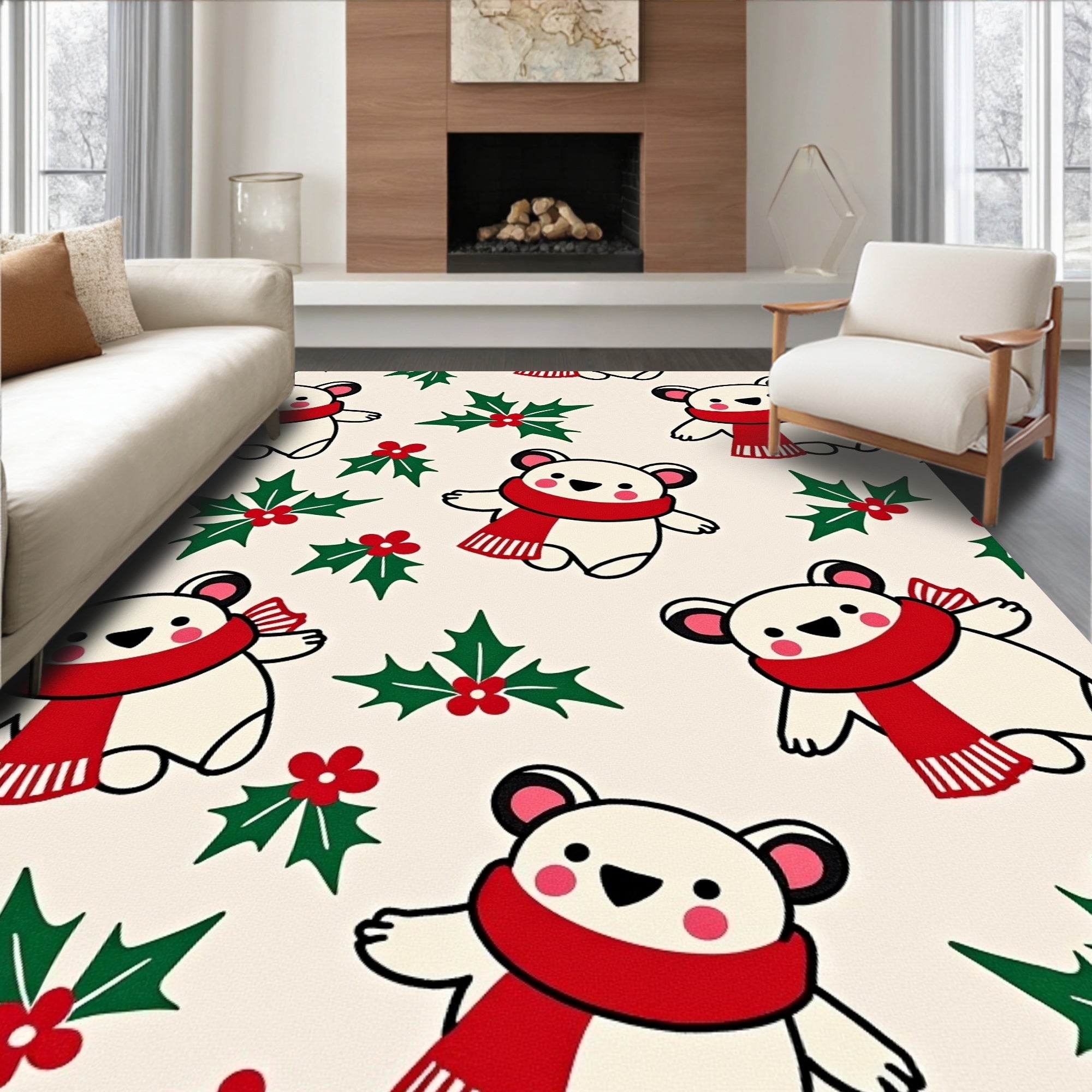 Festive Polar Bears Holly Red Scarf Rug