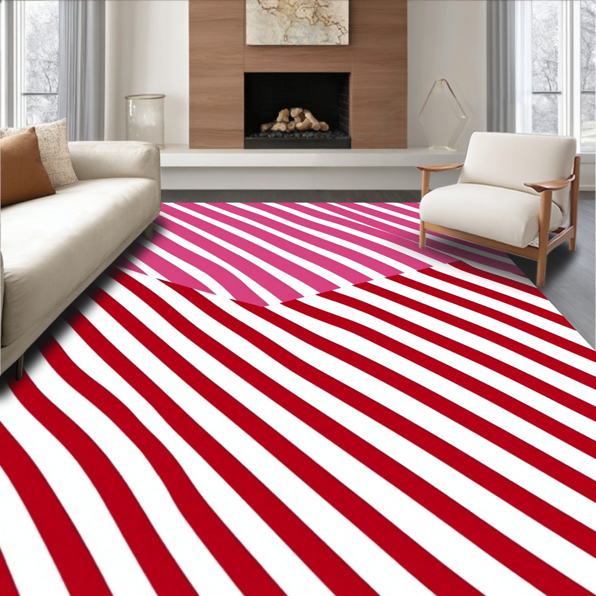 Charming Red Pink Stripe Composition Rug