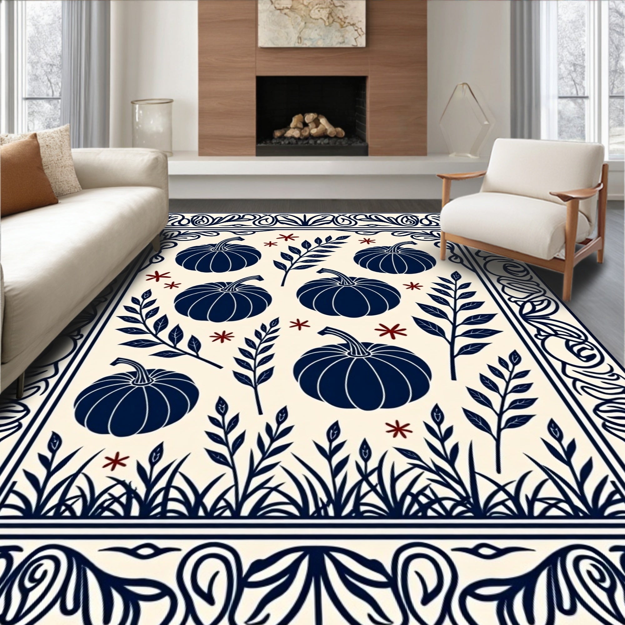 Navy Pumpkin Floral Border Cream Rug