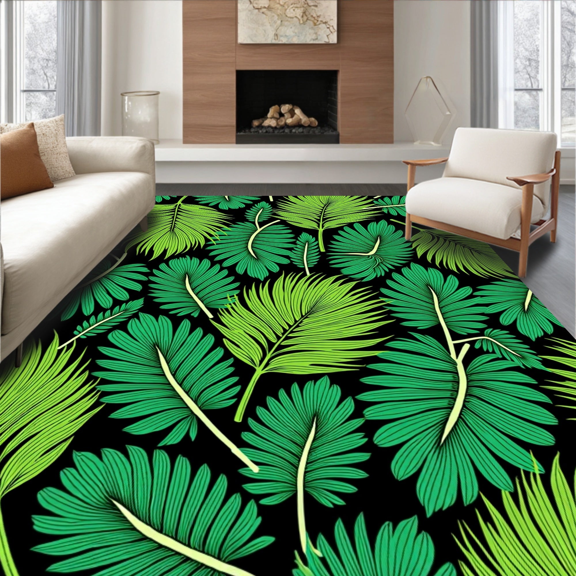Vibrant Green Palm Frond Tropical Rug