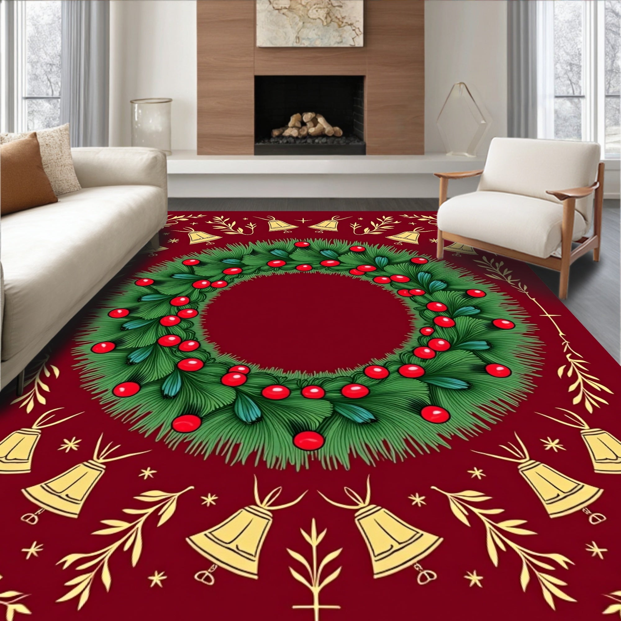 Christmas Wreath Gold Bells Red Berries Rug