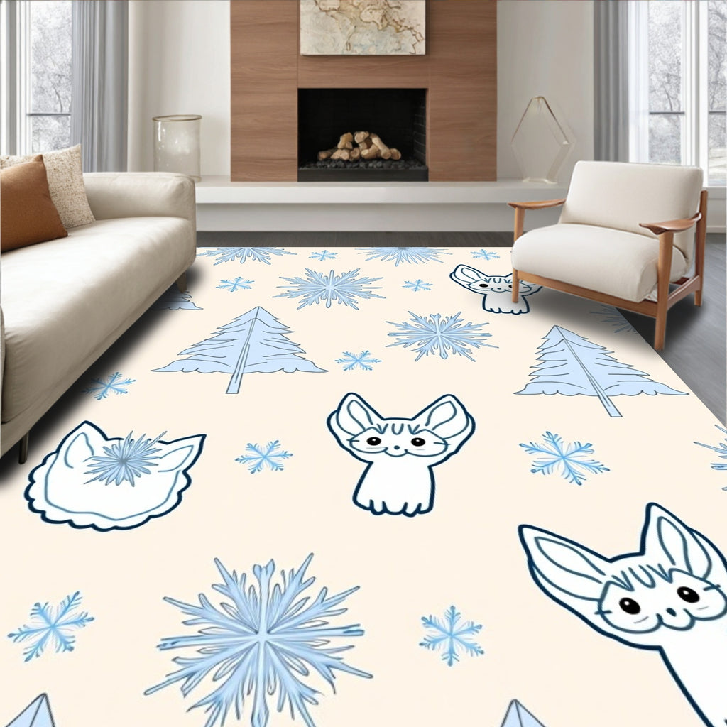 Whimsical Blue Fennec Trees Snowflakes Rug