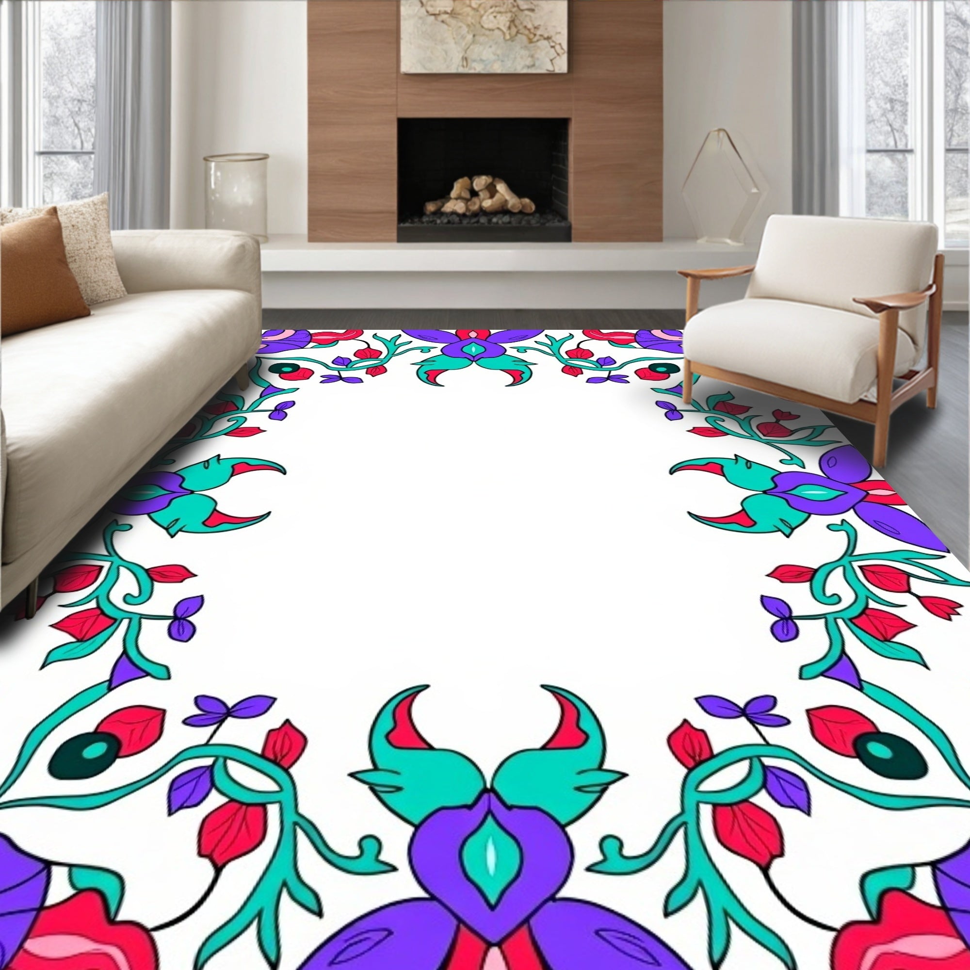 Vibrant Purple Teal Floral Flourish Rug
