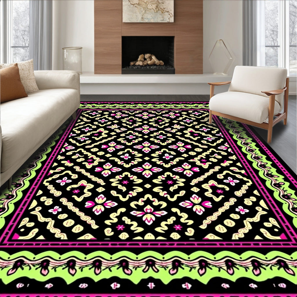 Vibrant Pink Black Floral Medallion Rug