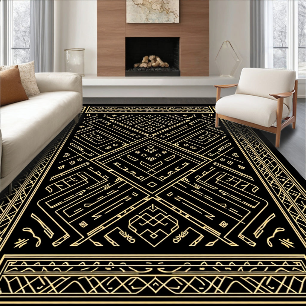 Golden Black Geometric Art Deco Rug