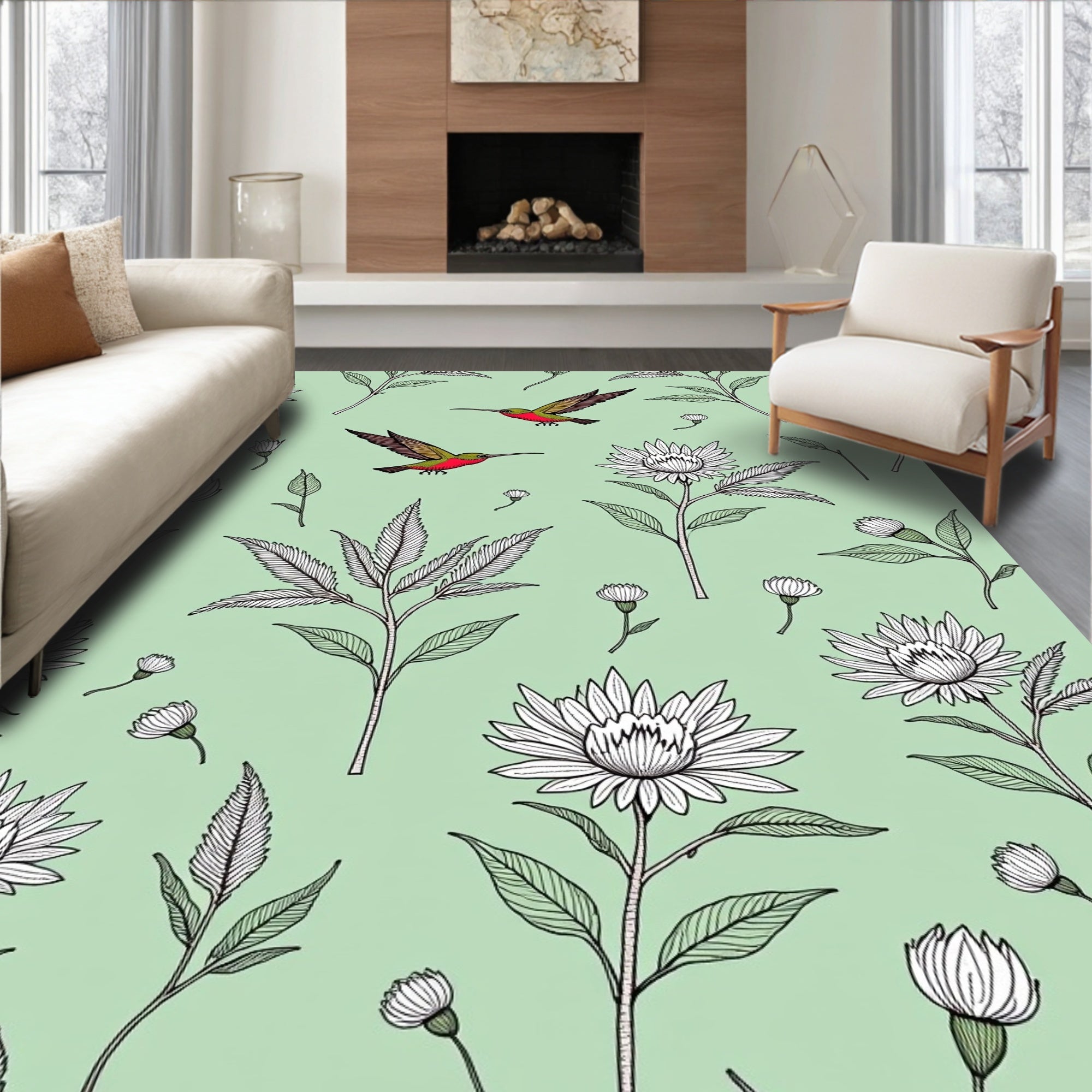Green Hummingbird Flower Garden Illustration Rug