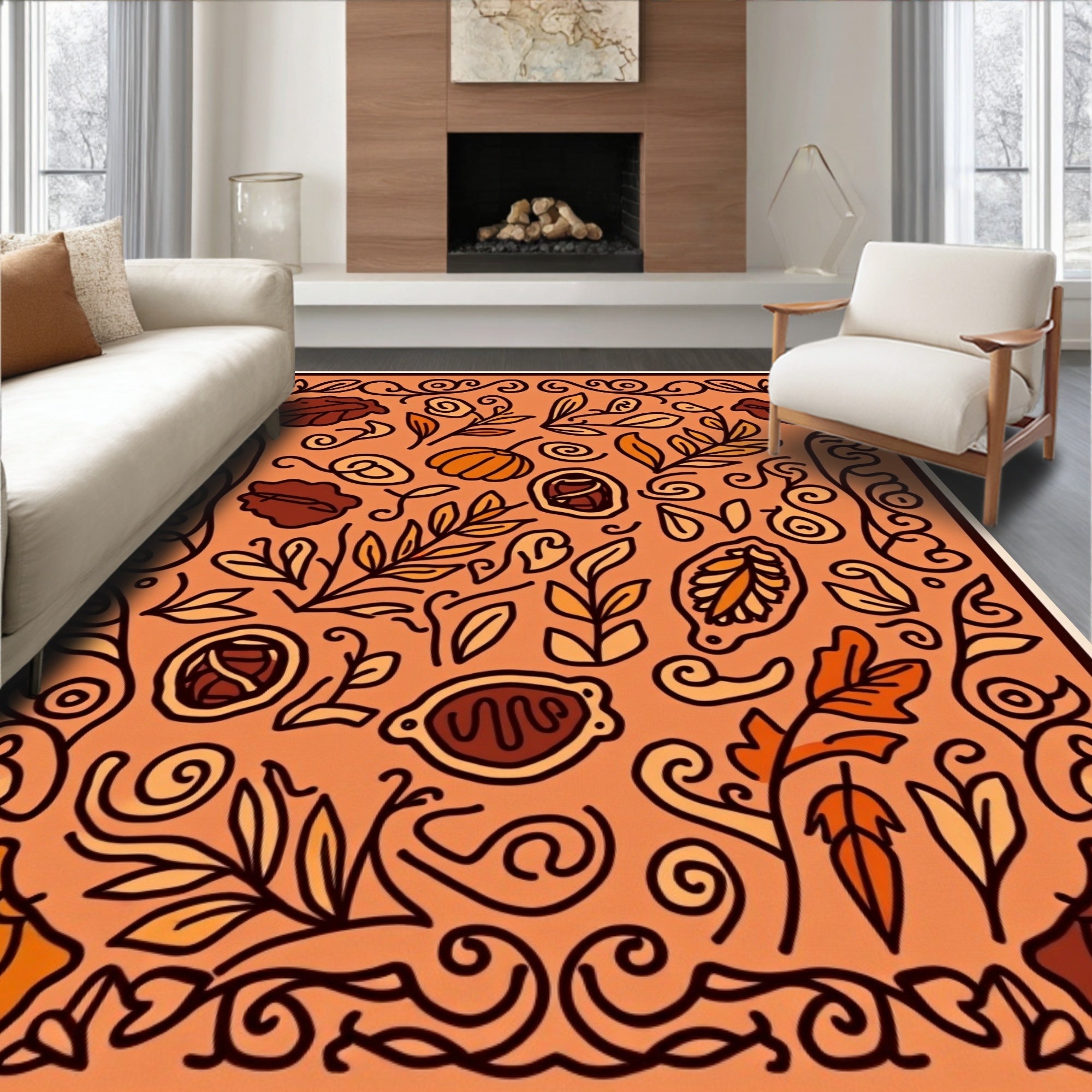 Terracotta Autumn Leaves Swirls Rug