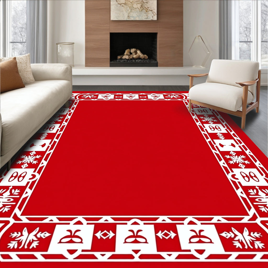 Red White Geometric Festive Snowflake Border Rug