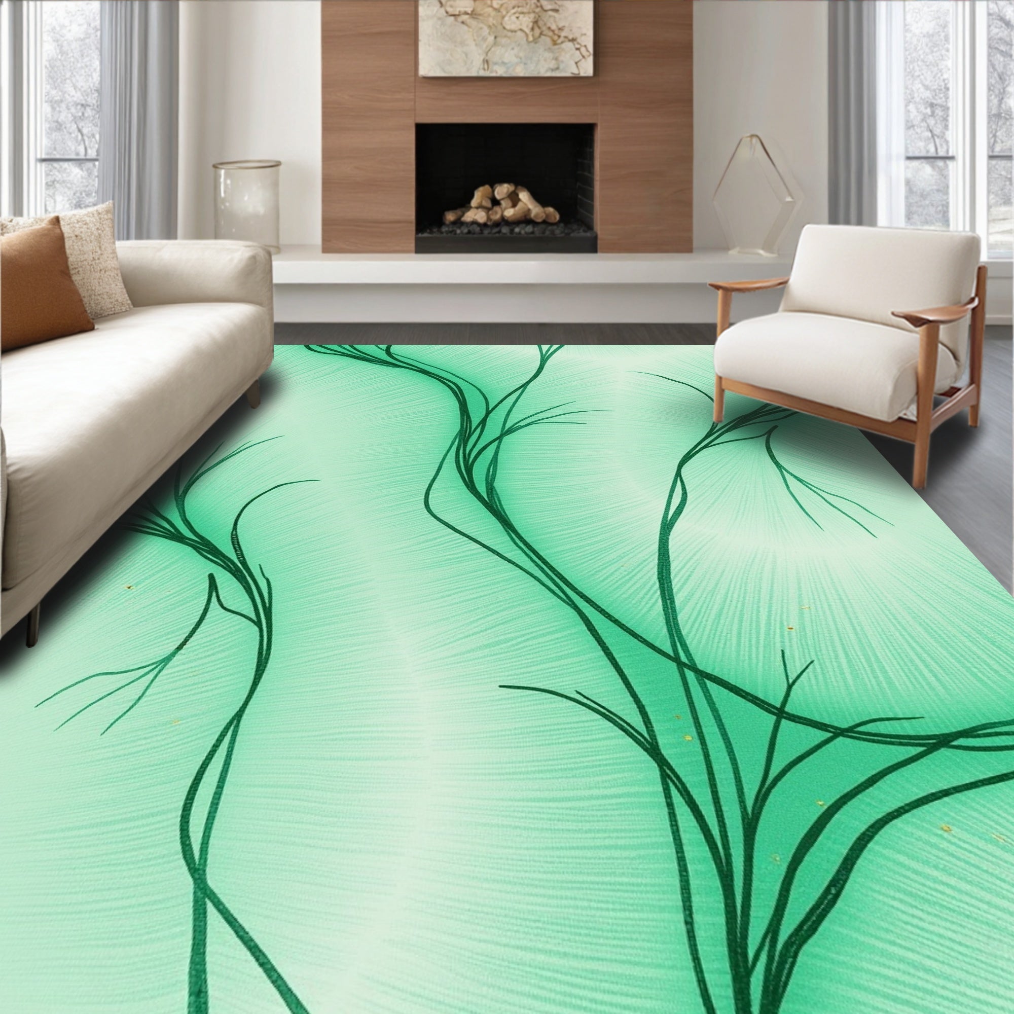 Emerald Green Vine Abstract Rays Rug