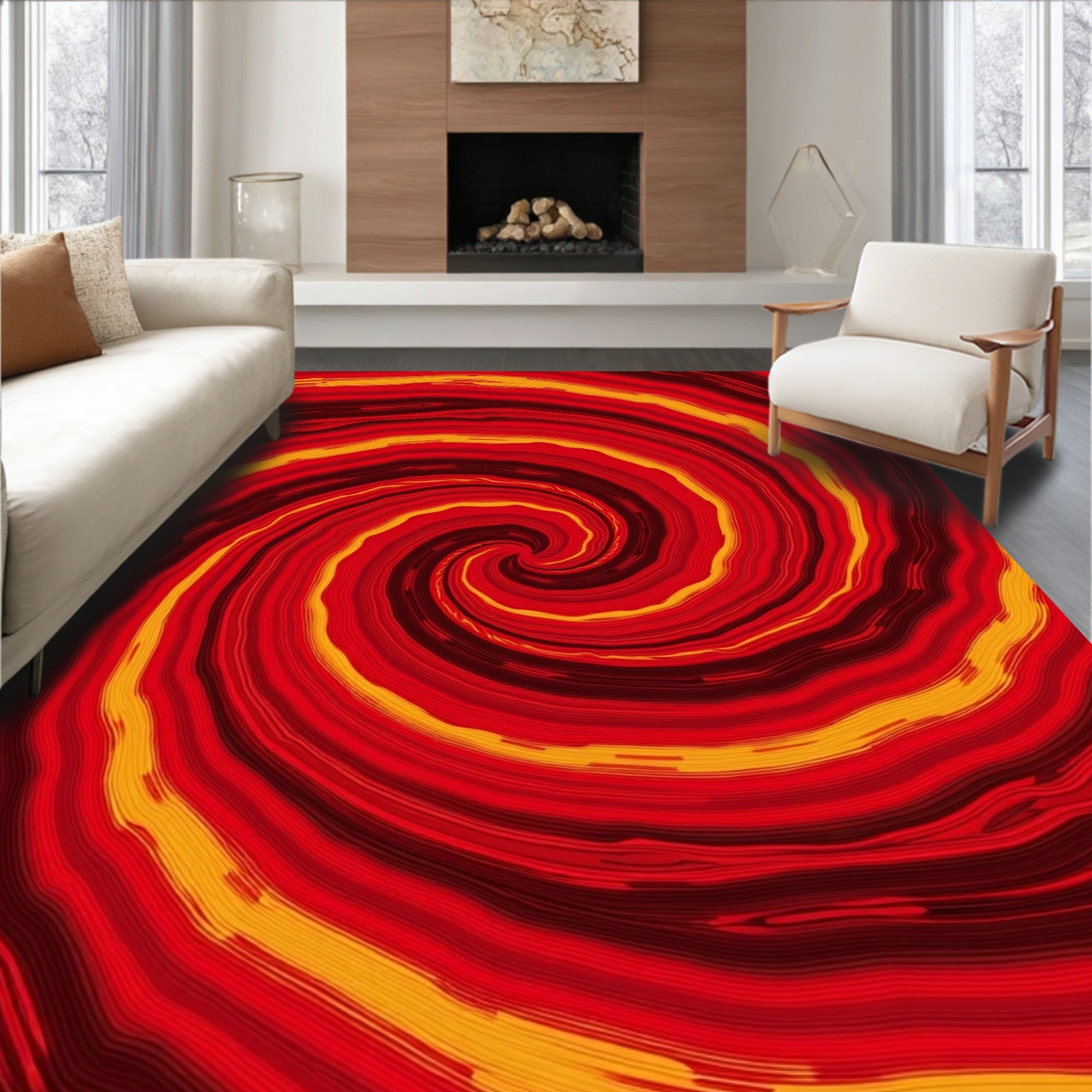 Fiery Red Swirling Spiral Rug