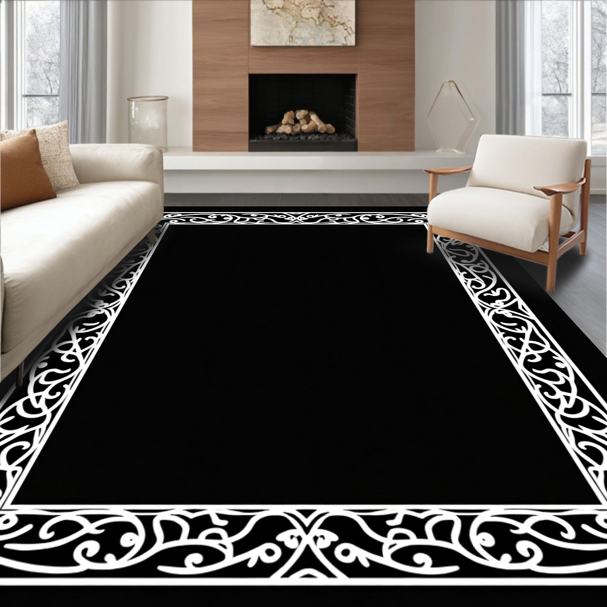 White Organic Flourish Border Rug
