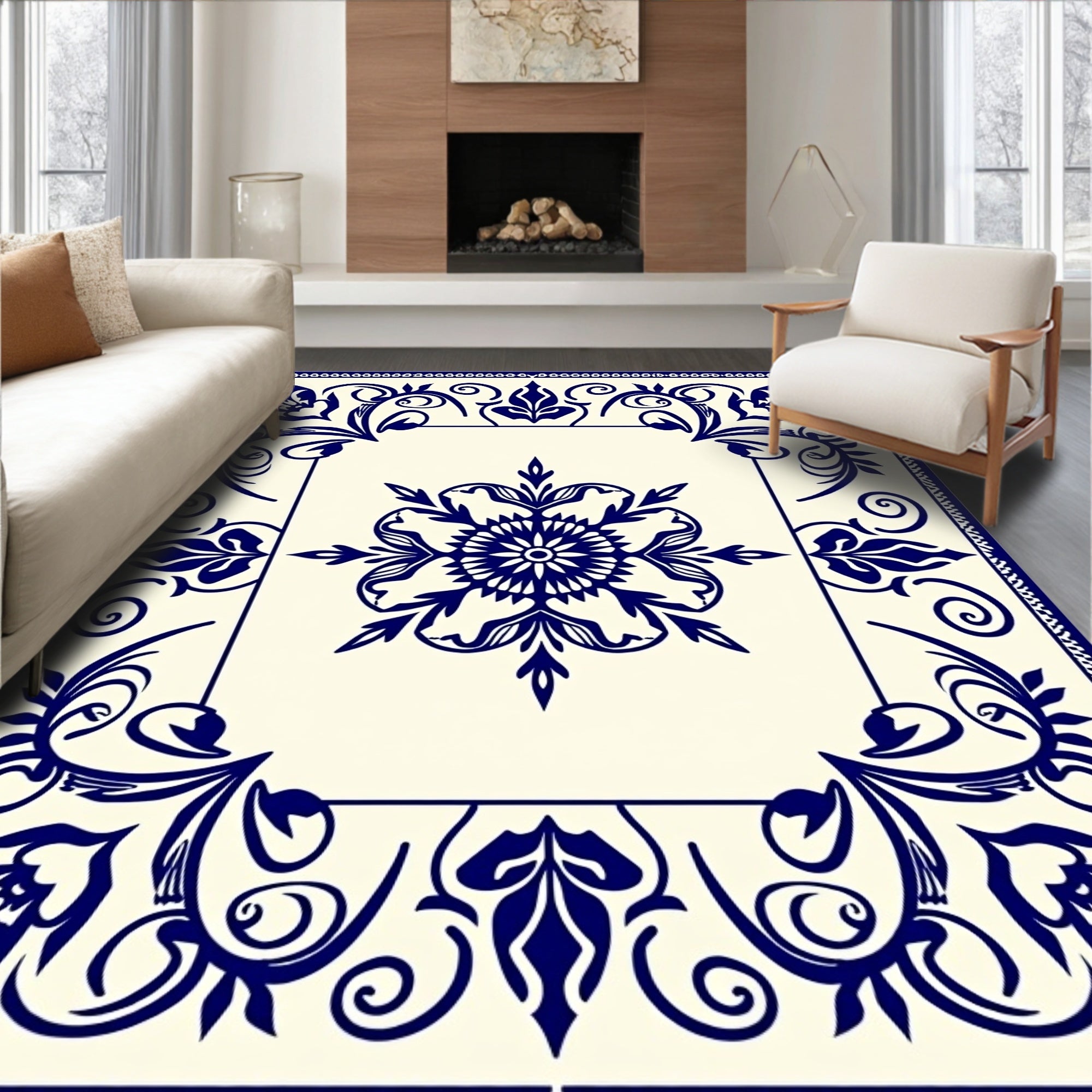 Navy Blue Floral Medallion Scrollwork Rug