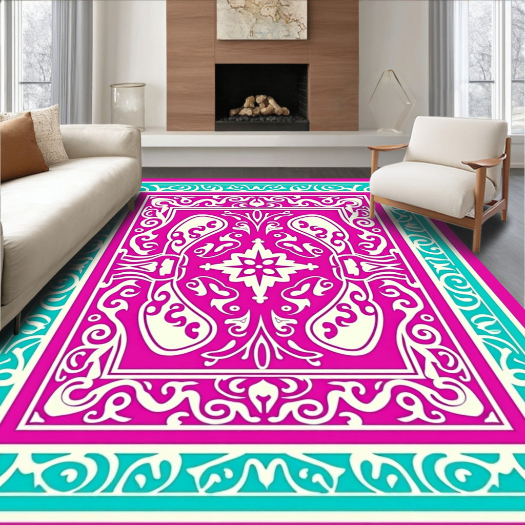 Vibrant Fuchsia Teal Floral Mandala Rug