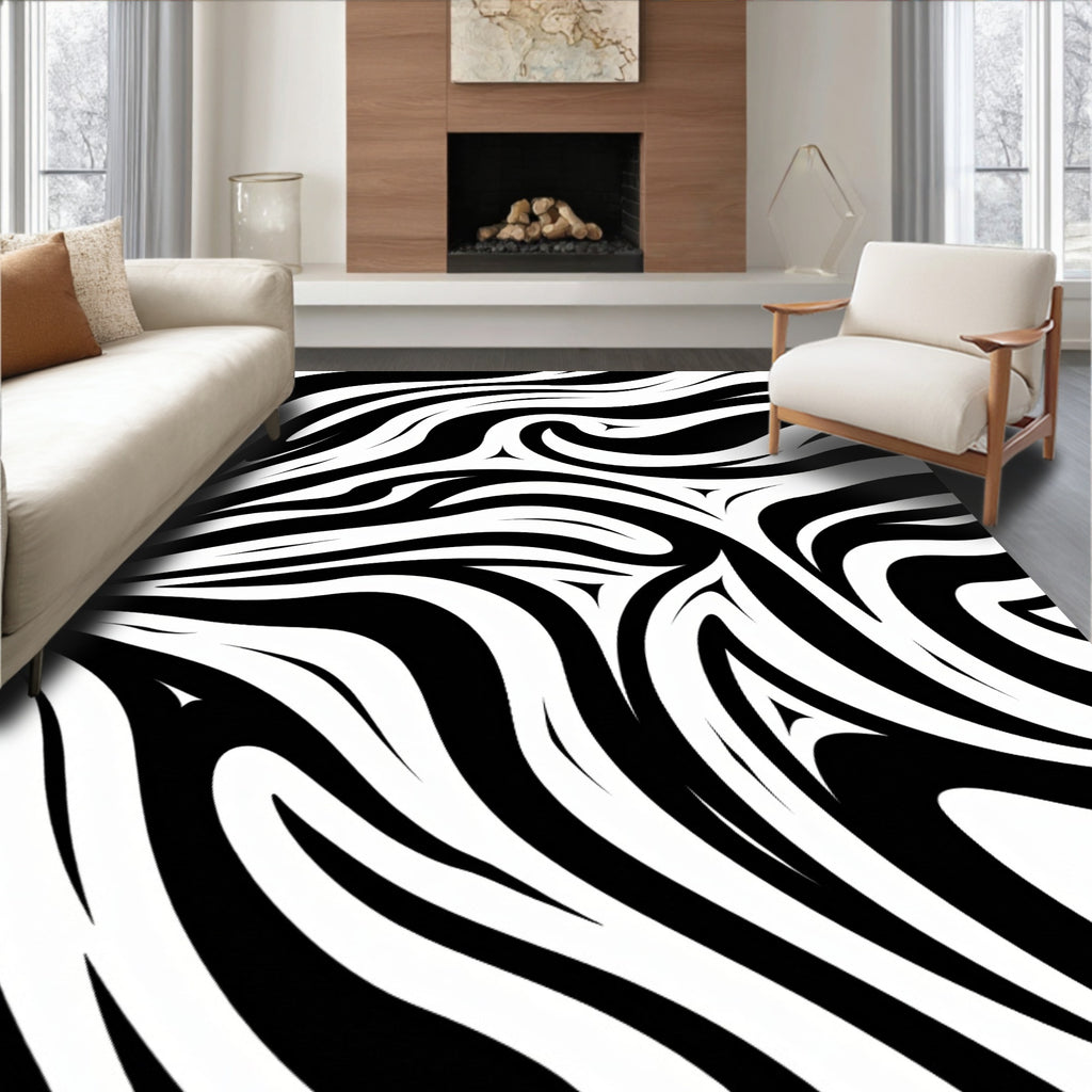 Bold Black White Swirling Stripes Rug
