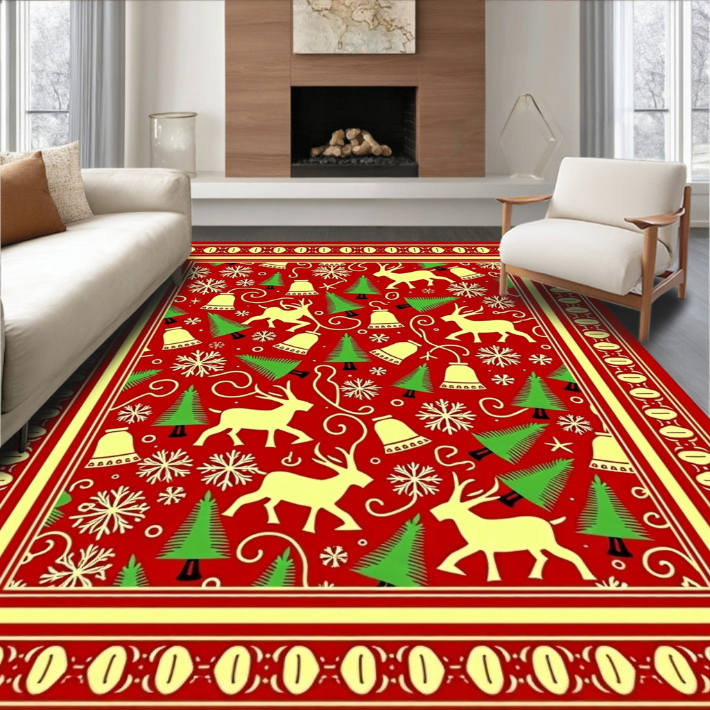 Red Festive Reindeer Snowflakes Bells Trees Rug