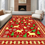 Red Festive Reindeer Snowflakes Bells Trees Rug