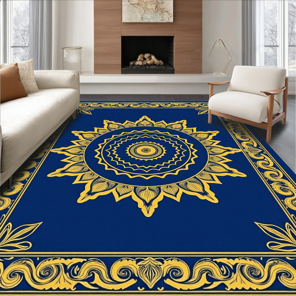 Deep Blue Golden Sun Medallion Border Rug