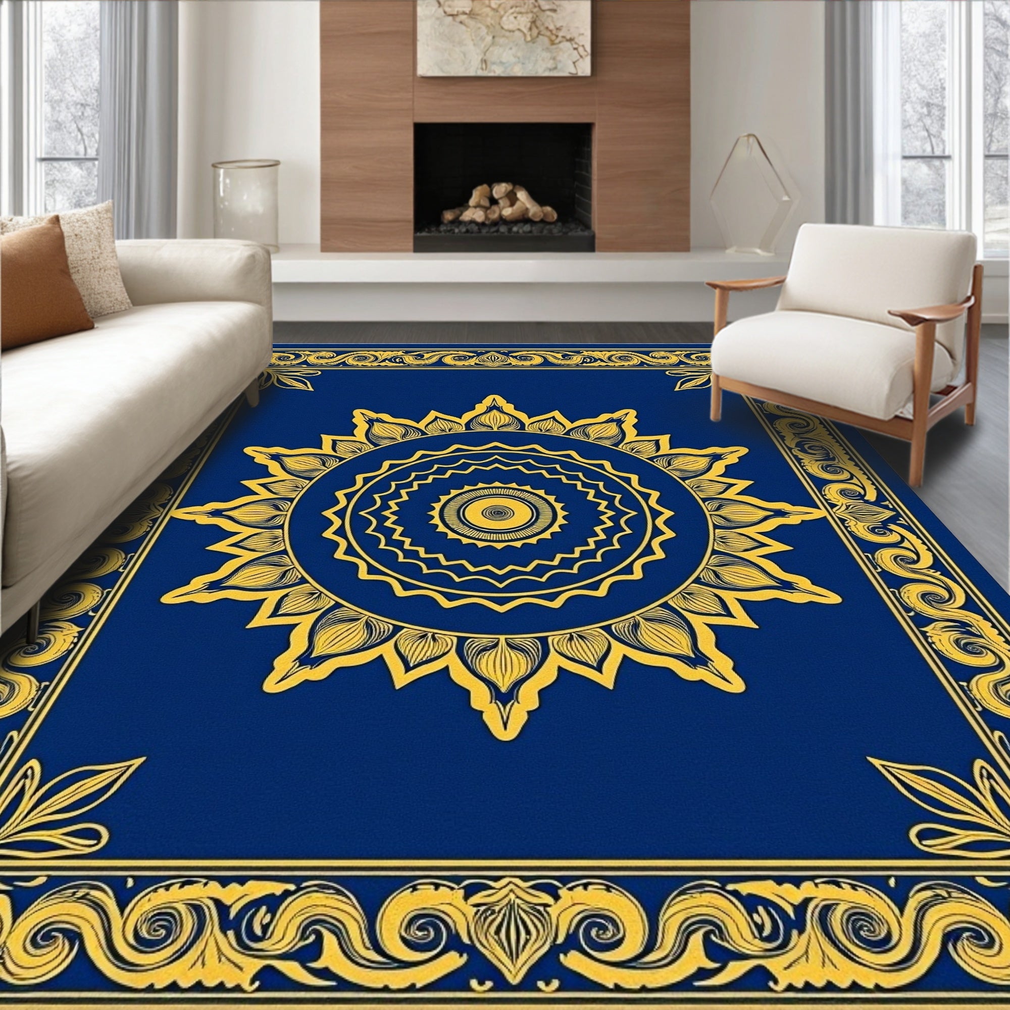 Deep Blue Golden Sun Medallion Border Rug