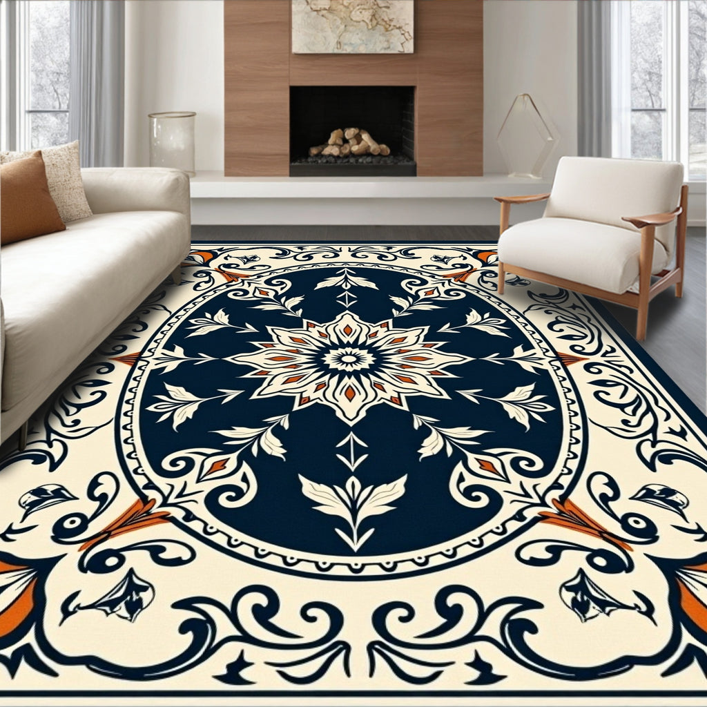 Ornate Navy Cream Coral Floral Oval Rug